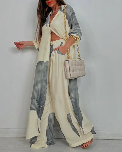 Araminta | Botanical Printed Button Down Wide Leg Summer Set