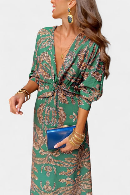 Esteliana | Vestido Midi Cruzado con Escote en V y Estampado Cachemira Elegante