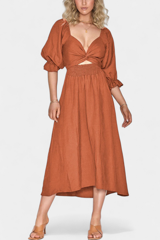 Marcellina | Robe Midi Bohème Smockée Col V Manches Bouffantes