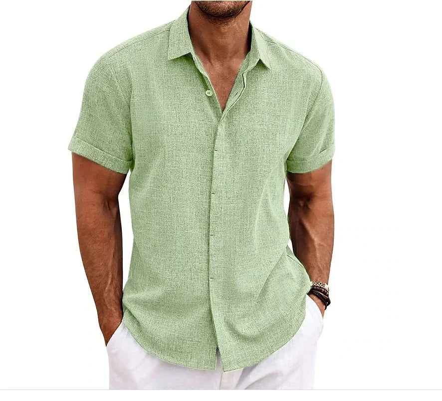 Camisa de Algodón y Lino de Hombre Momount – Manga Corta con Botones Casual