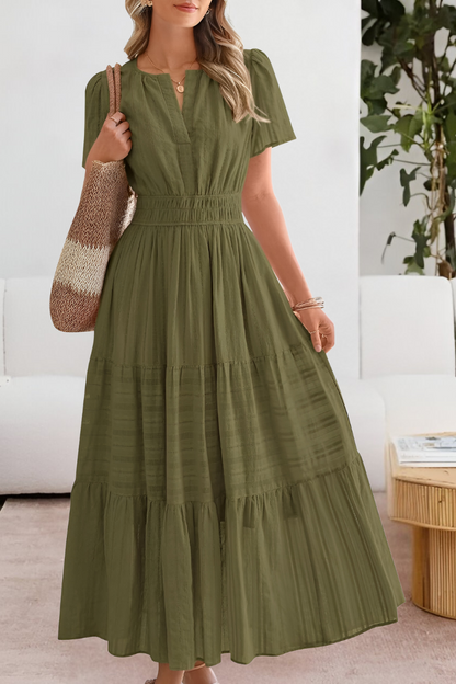 Vestido Midi Boho de Verano con Volantes – Escote en V y Cuerpo Smocked Elástico