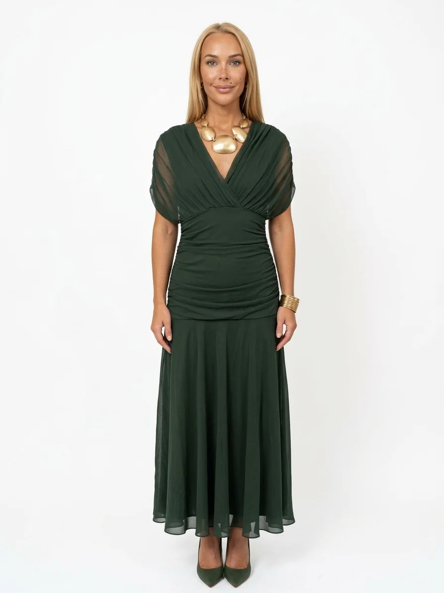 Andrea Wrap Dress | Feminine Drape, Elegant Movement - Army green - front