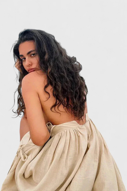 Demetria | Vestido Midi Boho de Lino con Un Solo Hombro