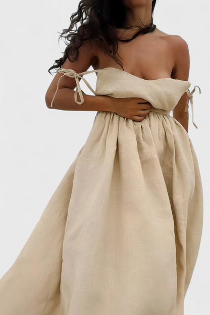 Demetria | Vestido Midi Boho de Lino con Un Solo Hombro