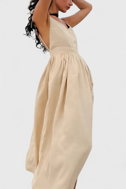 Demetria | Vestido Midi Boho de Lino con Un Solo Hombro