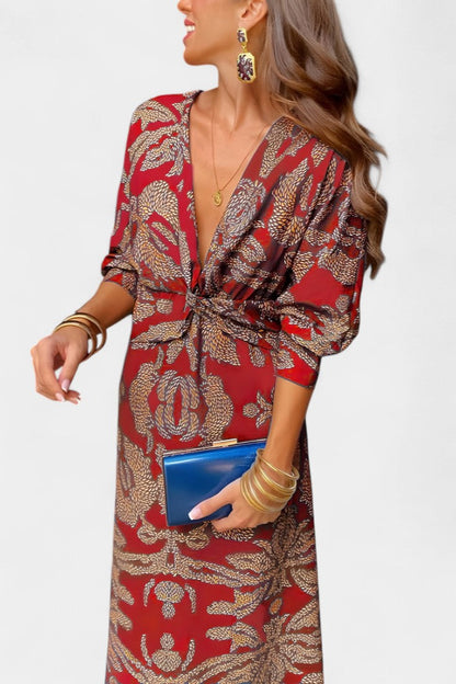 Esteliana | Vestido Midi Cruzado con Escote en V y Estampado Cachemira Elegante