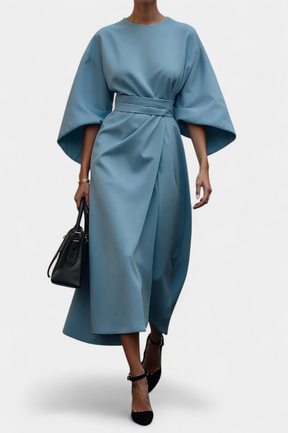 Evadne | Vestido Midi Cruzado de Crepé con Mangas Farol Elegante