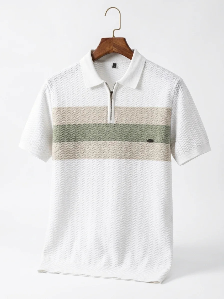 Momount Men Half Zip Polo Shirt – Knit Contrast Stripe Short Sleeve - White - hanger