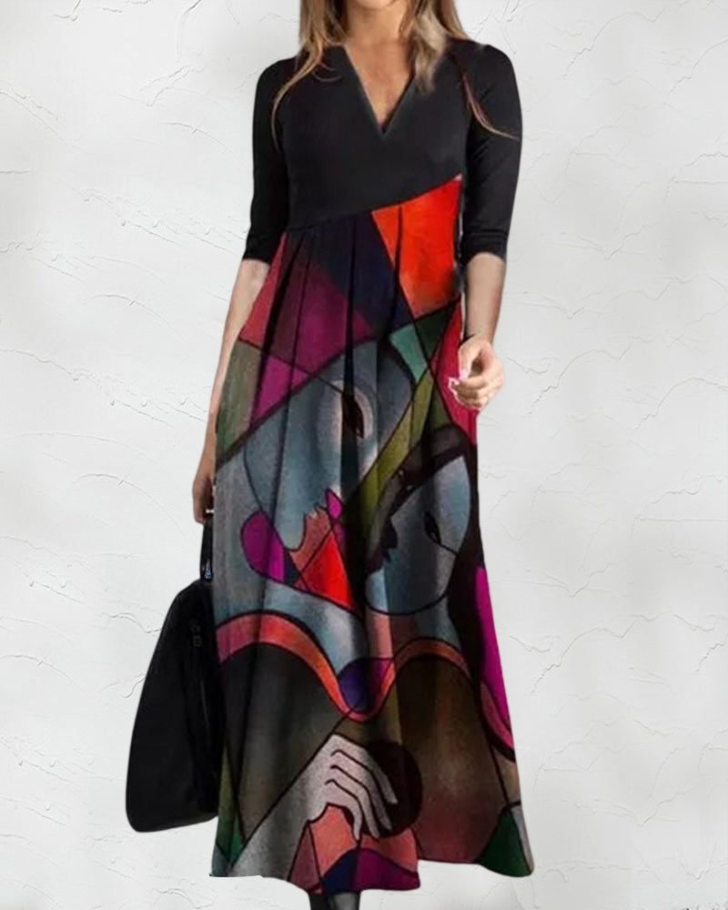 Cassellia | Abstract Print V-Neck A-Line Maxi Dress | Summer Momount
