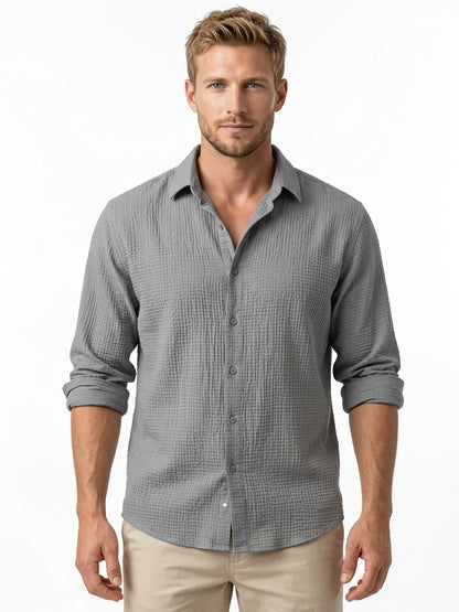 Momount Men Waffle Linen Shirt – Long Sleeve Button Up Textured Casual - Gray - front