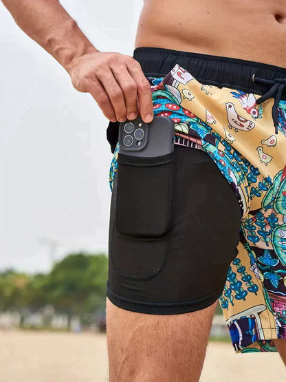 Momount Men Swim Shorts – Tropical Leaf Print Phone Pocket Mesh Liner