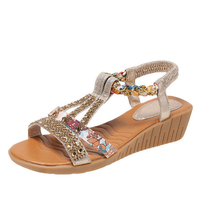 Momount Women Wedge Sandals – Boho Rhinestone Braided T-Strap Summer