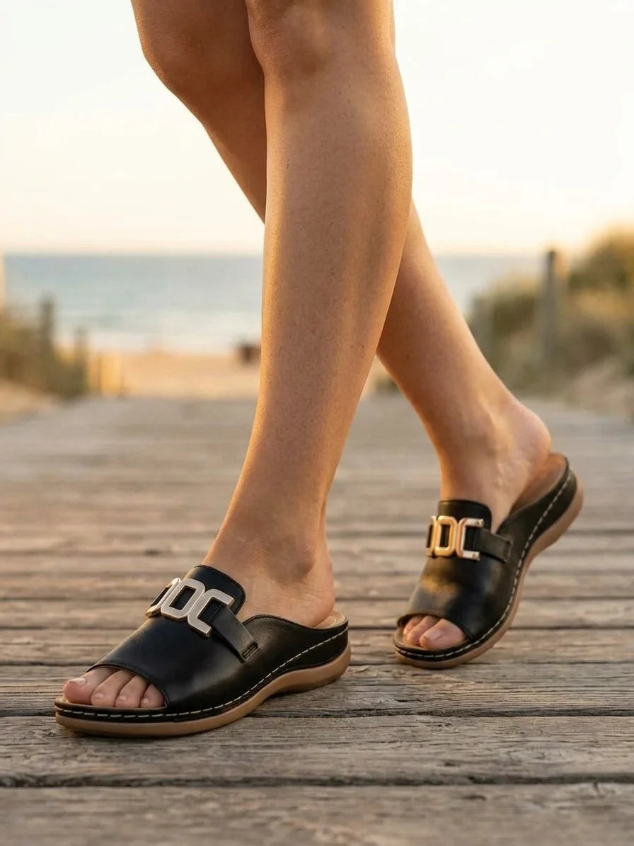 Bellarisa | Gold Chain Buckle Flat Slide Sandals - Black - lifestyle_beach