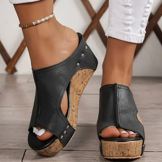Momount Women Platform Wedge Sandals – Black Cork Peep-Toe Mule Studded