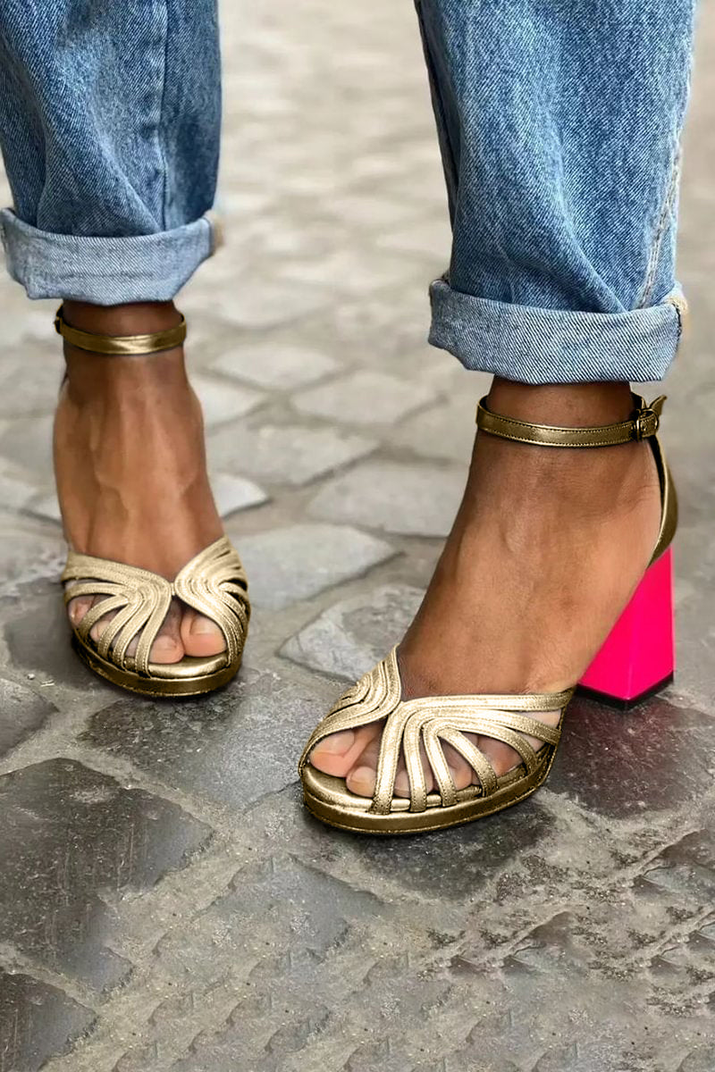 Momount Women Heeled Sandals Metallic Strappy Block Heel Ankle Strap Open Toe Evening Party Style