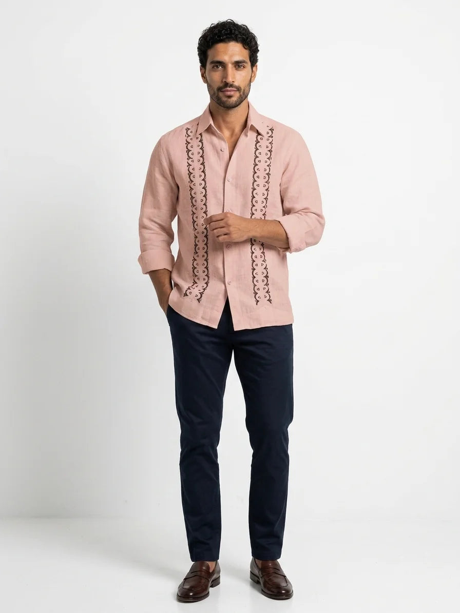 Momount Men Guayabera Linen Shirt – Long Sleeve Embroidered Panels Beach - Pink - front