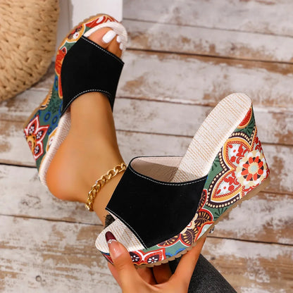 Momount Women Wedge Sandals – Suede Floral Print Platform Slide Boho
