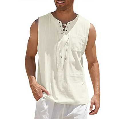 Momount herretanktop i hør – V-hals med snørelukning til strand og sommer
