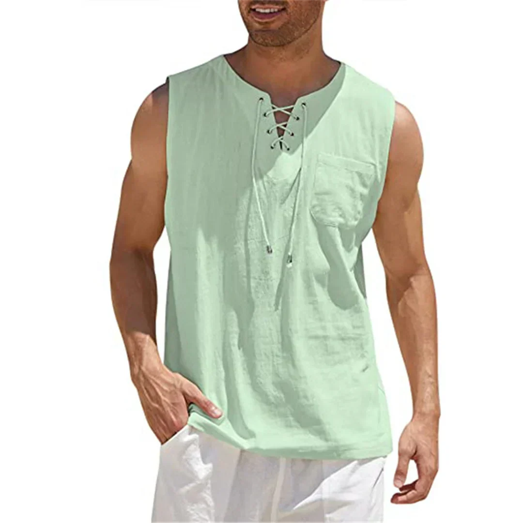 Momount herretanktop i hør – V-hals med snørelukning til strand og sommer