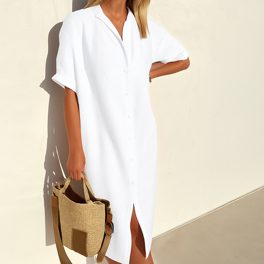 Robe-chemise en lin femme Momount – manches courtes, boutonnée et coupe midi ample