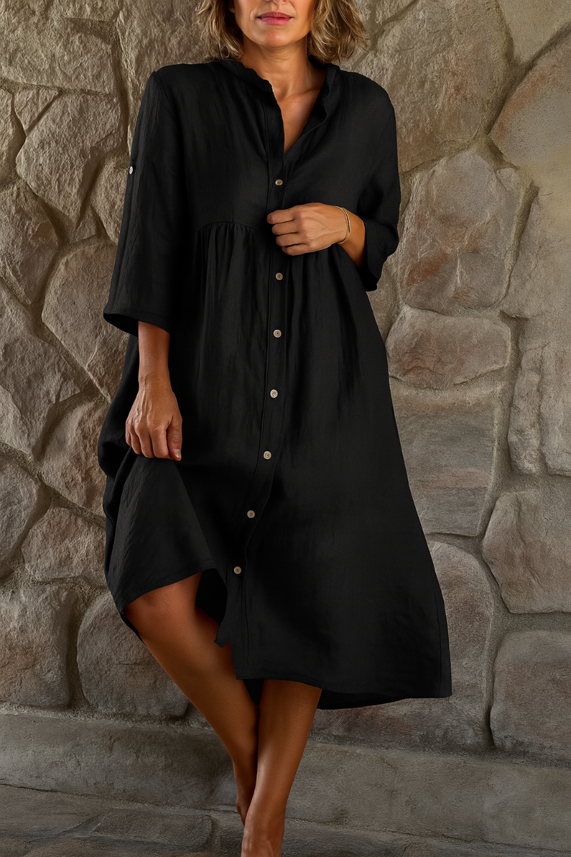 Robe-chemise en coton et lin femme Momount – col V, manches 3/4 et coupe ample