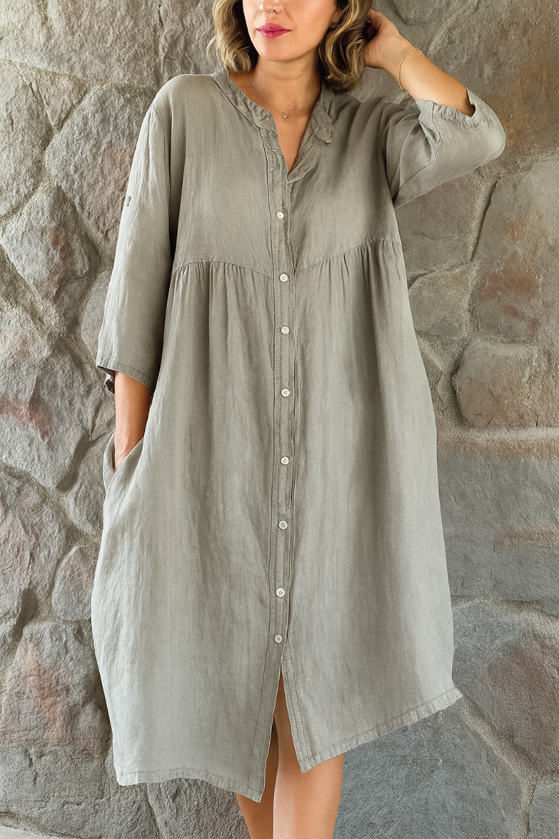 Robe-chemise en coton et lin femme Momount – col V, manches 3/4 et coupe ample