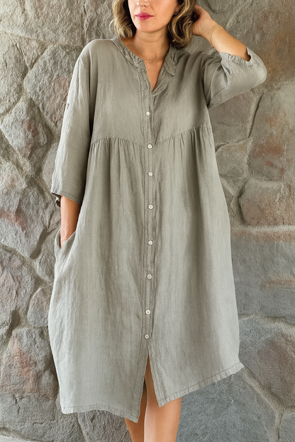 Robe-chemise en coton et lin femme Momount – col V, manches 3/4 et coupe ample