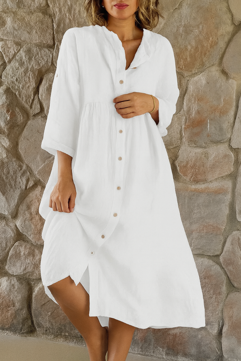 Robe-chemise en coton et lin femme Momount – col V, manches 3/4 et coupe ample