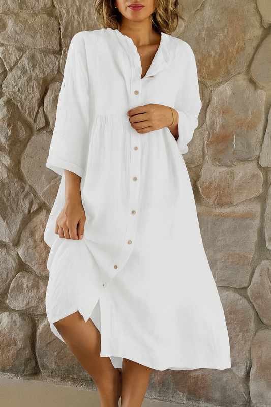 Robe-chemise en coton et lin femme Momount – col V, manches 3/4 et coupe ample