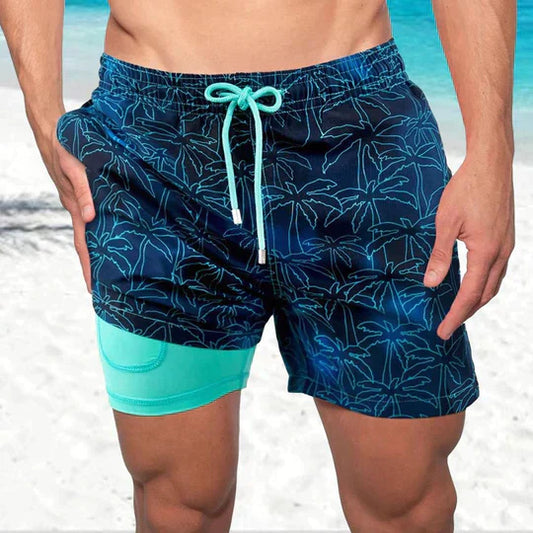 Momount Men Swim Shorts – Palm Print Drawstring Mesh Liner Quick Dry