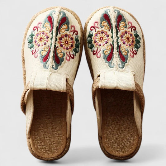 Mules brodées femme Momount – floral toile jute semelle à enfiler closed bout