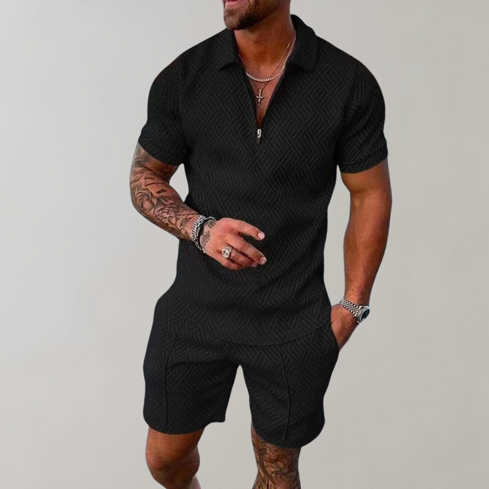 Momount herresæt – halv lynlås-polo og shorts i jacquard til sommer