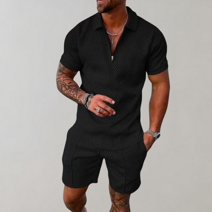 Momount herresæt – halv lynlås-polo og shorts i jacquard til sommer