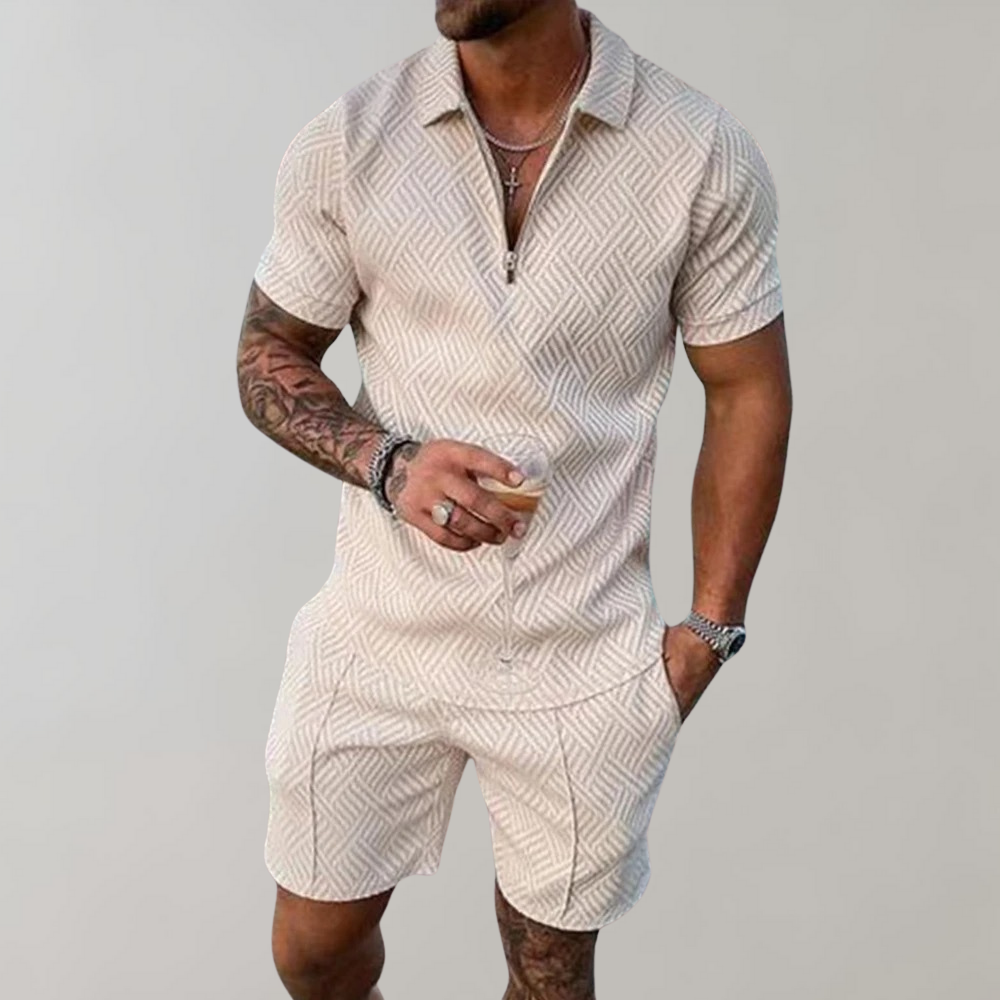 Momount herresæt – halv lynlås-polo og shorts i jacquard til sommer