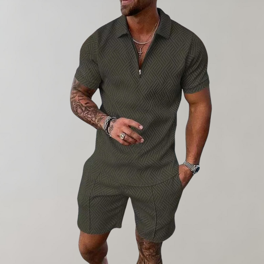 Momount herresæt – halv lynlås-polo og shorts i jacquard til sommer