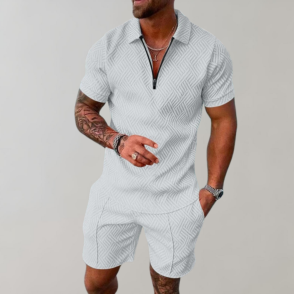 Momount herresæt – halv lynlås-polo og shorts i jacquard til sommer