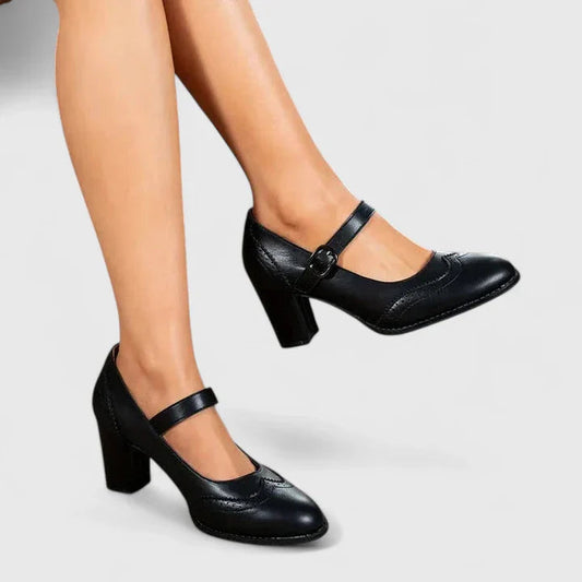 Escarpins Mary Jane à talon bloc femme Momount – cuir brogue bout rond boucle