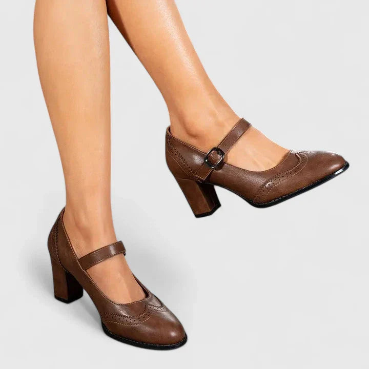 Escarpins Mary Jane à talon bloc femme Momount – cuir brogue bout rond boucle