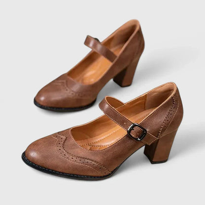 Escarpins Mary Jane à talon bloc femme Momount – cuir brogue bout rond boucle