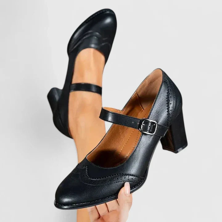Escarpins Mary Jane à talon bloc femme Momount – cuir brogue bout rond boucle