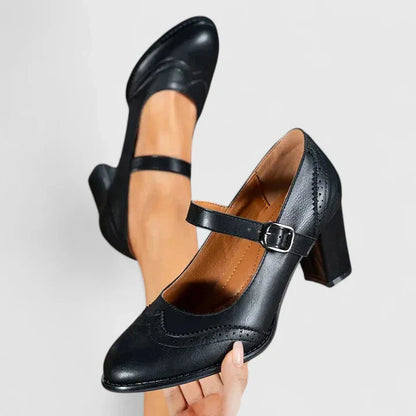 Escarpins Mary Jane à talon bloc femme Momount – cuir brogue bout rond boucle