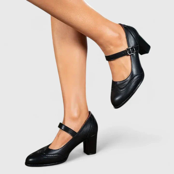 Escarpins Mary Jane à talon bloc femme Momount – cuir brogue bout rond boucle