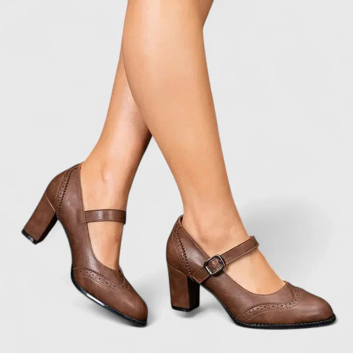 Escarpins Mary Jane à talon bloc femme Momount – cuir brogue bout rond boucle