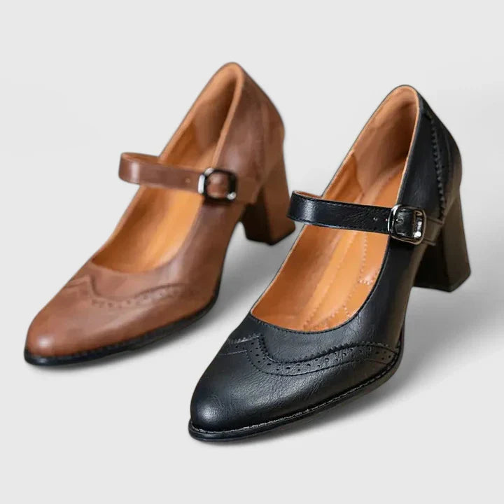 Escarpins Mary Jane à talon bloc femme Momount – cuir brogue bout rond boucle