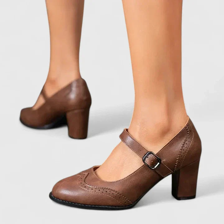 Escarpins Mary Jane à talon bloc femme Momount – cuir brogue bout rond boucle