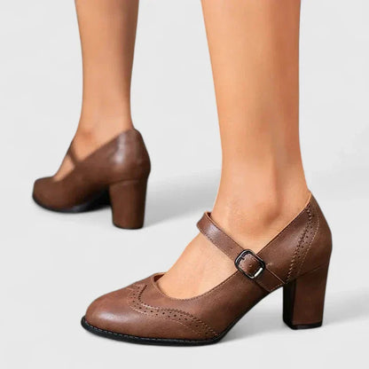 Escarpins Mary Jane à talon bloc femme Momount – cuir brogue bout rond boucle