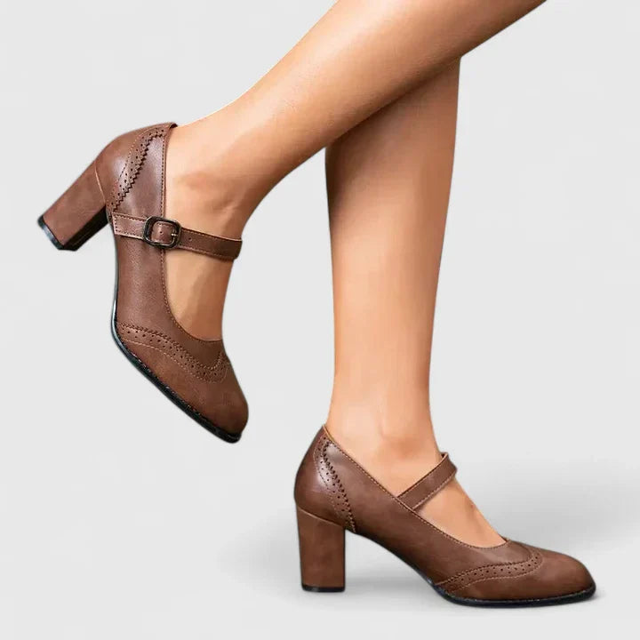 Escarpins Mary Jane à talon bloc femme Momount – cuir brogue bout rond boucle