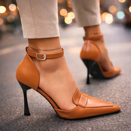 Escarpins à talon aiguille femme Momount – cuir bout pointu bride cheville arrière ouvert