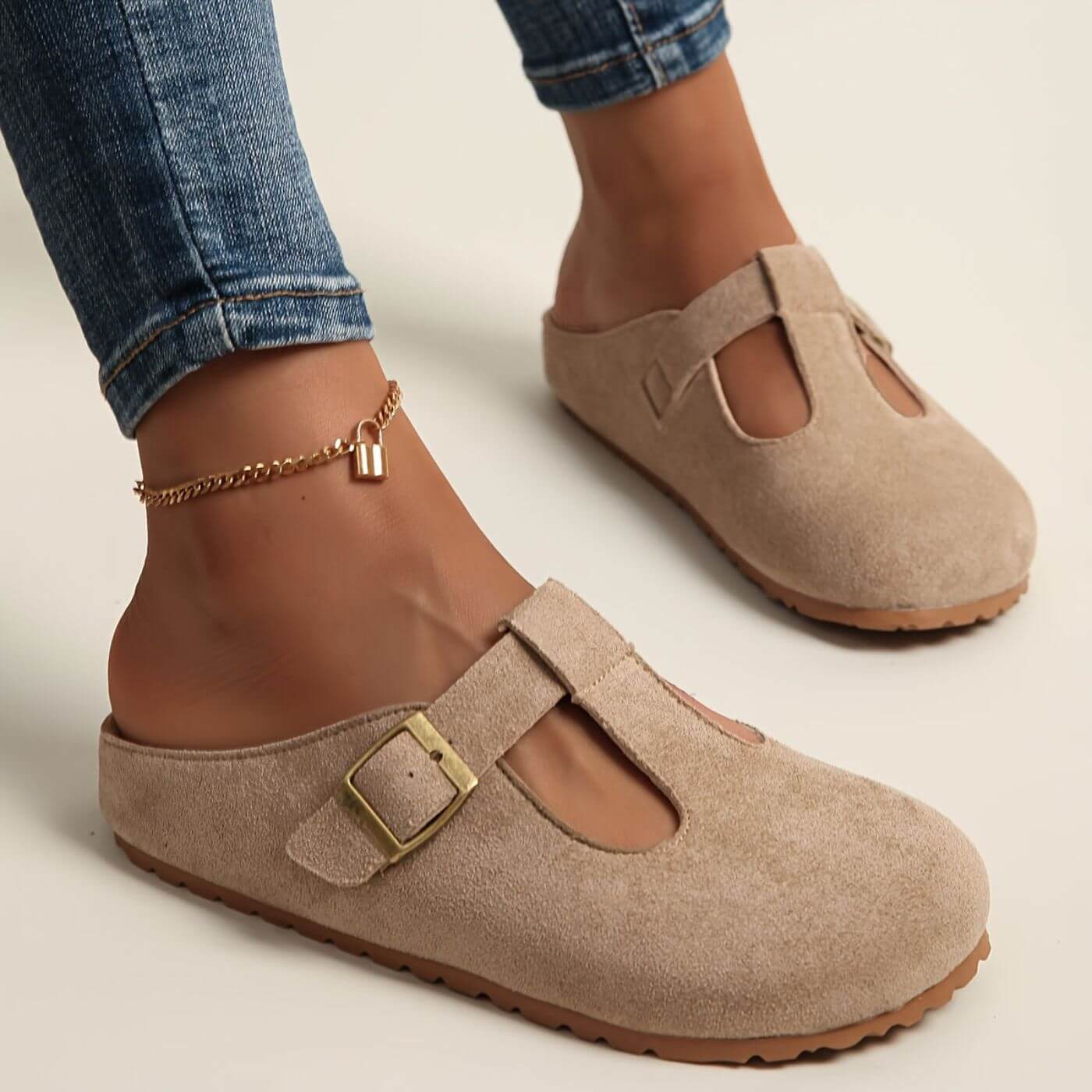 Sabots en suédine à bride en T femme Momount – boucle mule bout fermé liège semelle intérieure
