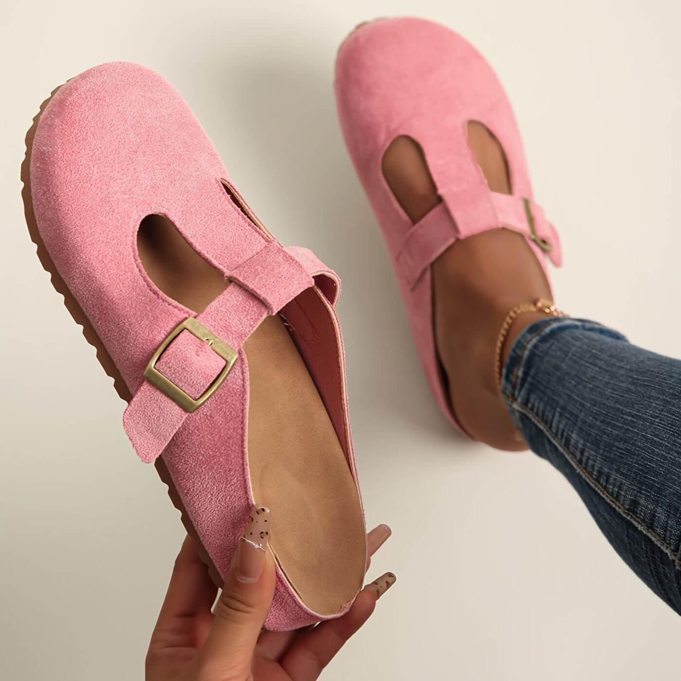 Sabots en suédine à bride en T femme Momount – boucle mule bout fermé liège semelle intérieure